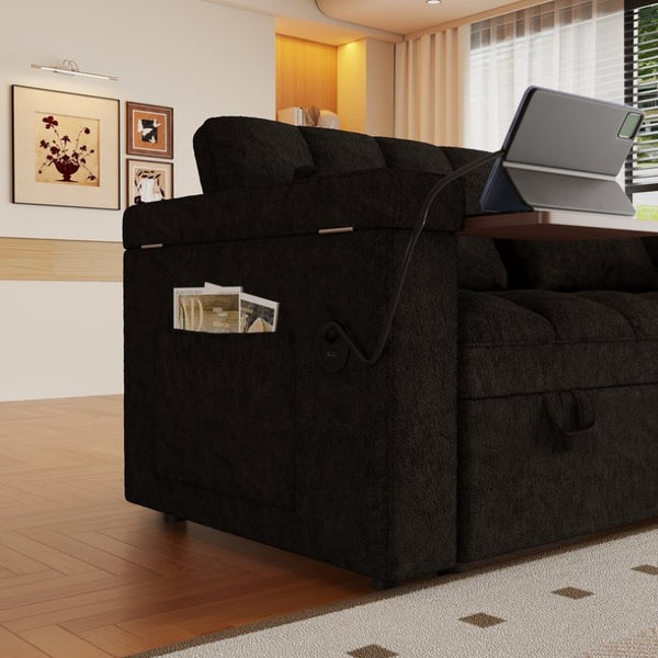 English Elm 65-Inch Velvet Folding Sofa Bed with Adjustable Backrest Storage Bag and Foam Cushioning Black W2564S00165