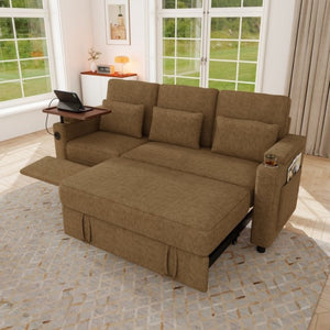 English Elm 81-Inch Chenille Convertible Sleeper Sofa with USB Charging Armrest Storage and Adjustable Seats Khaki W2564S00166
