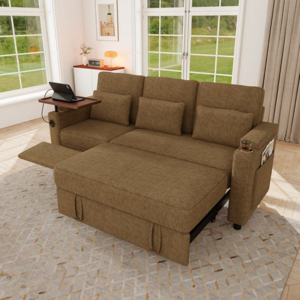 English Elm 81-Inch Chenille Convertible Sleeper Sofa with USB Charging Armrest Storage and Adjustable Seats Khaki W2564S00166