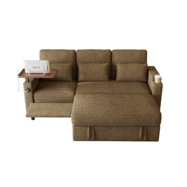 English Elm 81-Inch Chenille Convertible Sleeper Sofa with USB Charging Armrest Storage and Adjustable Seats Khaki W2564S00166