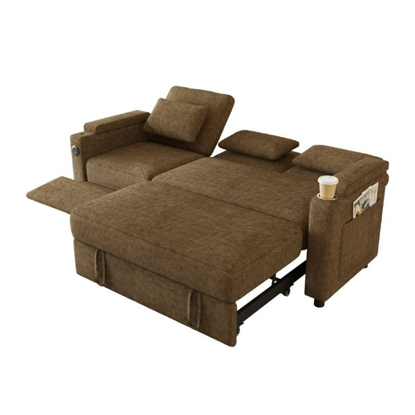 English Elm 81-Inch Chenille Convertible Sleeper Sofa with USB Charging Armrest Storage and Adjustable Seats Khaki W2564S00166