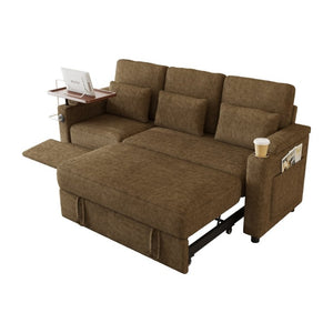 English Elm 81-Inch Chenille Convertible Sleeper Sofa with USB Charging Armrest Storage and Adjustable Seats Khaki W2564S00166