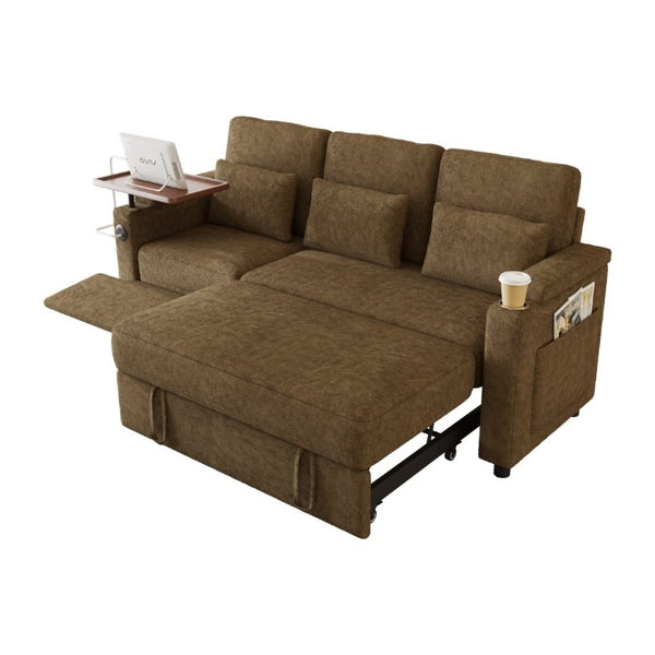 English Elm 81-Inch Chenille Convertible Sleeper Sofa with USB Charging Armrest Storage and Adjustable Seats Khaki W2564S00166