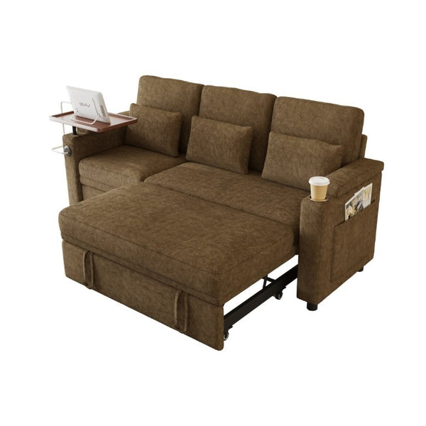 English Elm 81-Inch Chenille Convertible Sleeper Sofa with USB Charging Armrest Storage and Adjustable Seats Khaki W2564S00166