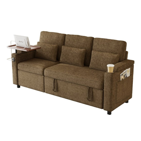 English Elm 81-Inch Chenille Convertible Sleeper Sofa with USB Charging Armrest Storage and Adjustable Seats Khaki W2564S00166