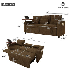 English Elm 81-Inch Chenille Convertible Sleeper Sofa with USB Charging Armrest Storage and Adjustable Seats Khaki W2564S00166