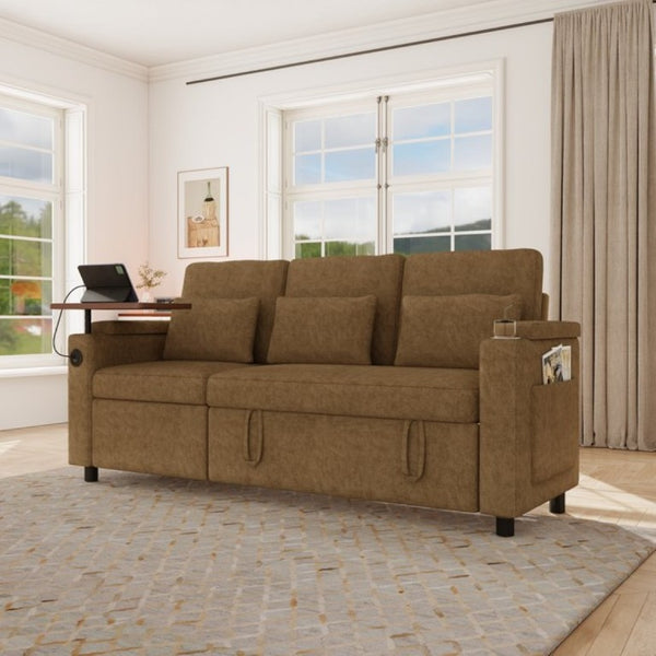 English Elm 81-Inch Chenille Convertible Sleeper Sofa with USB Charging Armrest Storage and Adjustable Seats Khaki W2564S00166