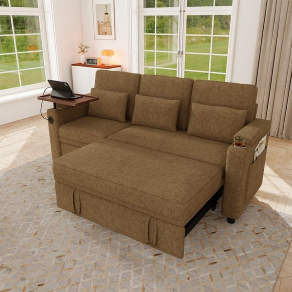 English Elm 81-Inch Chenille Convertible Sleeper Sofa with USB Charging Armrest Storage and Adjustable Seats Khaki W2564S00166