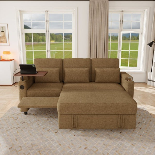 English Elm 81-Inch Chenille Convertible Sleeper Sofa with USB Charging Armrest Storage and Adjustable Seats Khaki W2564S00166