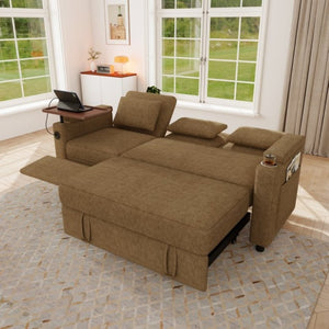 English Elm 81-Inch Chenille Convertible Sleeper Sofa with USB Charging Armrest Storage and Adjustable Seats Khaki W2564S00166