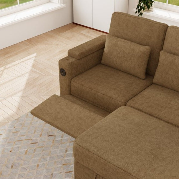 English Elm 81-Inch Chenille Convertible Sleeper Sofa with USB Charging Armrest Storage and Adjustable Seats Khaki W2564S00166