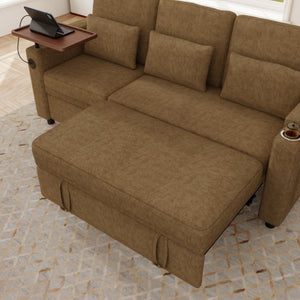 English Elm 81-Inch Chenille Convertible Sleeper Sofa with USB Charging Armrest Storage and Adjustable Seats Khaki W2564S00166