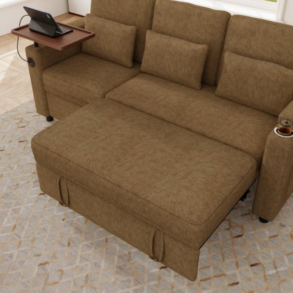 English Elm 81-Inch Chenille Convertible Sleeper Sofa with USB Charging Armrest Storage and Adjustable Seats Khaki W2564S00166