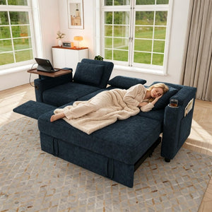 English Elm 81-Inch Chenille Convertible Sleeper Sofa with USB Charging Armrest Storage and Adjustable Seats Blue W2564S00167