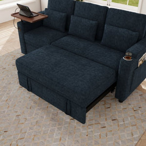 English Elm 81-Inch Chenille Convertible Sleeper Sofa with USB Charging Armrest Storage and Adjustable Seats Blue W2564S00167