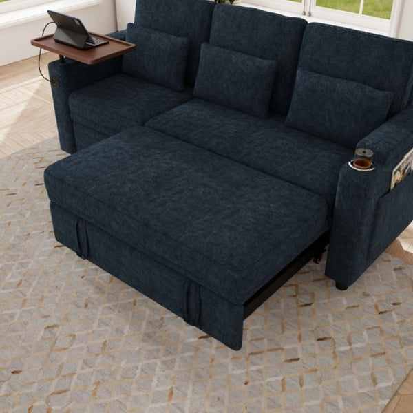 English Elm 81-Inch Chenille Convertible Sleeper Sofa with USB Charging Armrest Storage and Adjustable Seats Blue W2564S00167