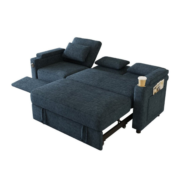 English Elm 81-Inch Chenille Convertible Sleeper Sofa with USB Charging Armrest Storage and Adjustable Seats Blue W2564S00167