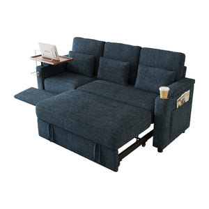 English Elm 81-Inch Chenille Convertible Sleeper Sofa with USB Charging Armrest Storage and Adjustable Seats Blue W2564S00167