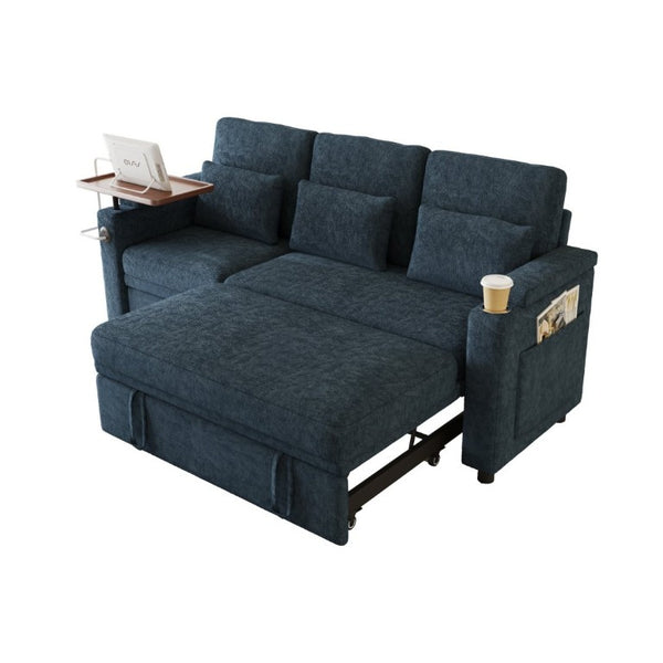English Elm 81-Inch Chenille Convertible Sleeper Sofa with USB Charging Armrest Storage and Adjustable Seats Blue W2564S00167
