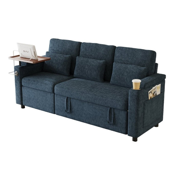 English Elm 81-Inch Chenille Convertible Sleeper Sofa with USB Charging Armrest Storage and Adjustable Seats Blue W2564S00167