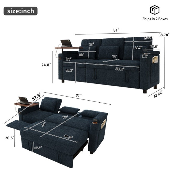 English Elm 81-Inch Chenille Convertible Sleeper Sofa with USB Charging Armrest Storage and Adjustable Seats Blue W2564S00167