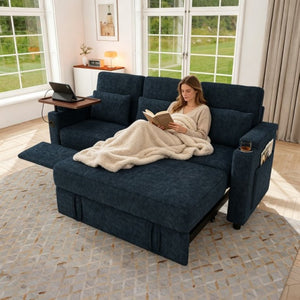 English Elm 81-Inch Chenille Convertible Sleeper Sofa with USB Charging Armrest Storage and Adjustable Seats Blue W2564S00167