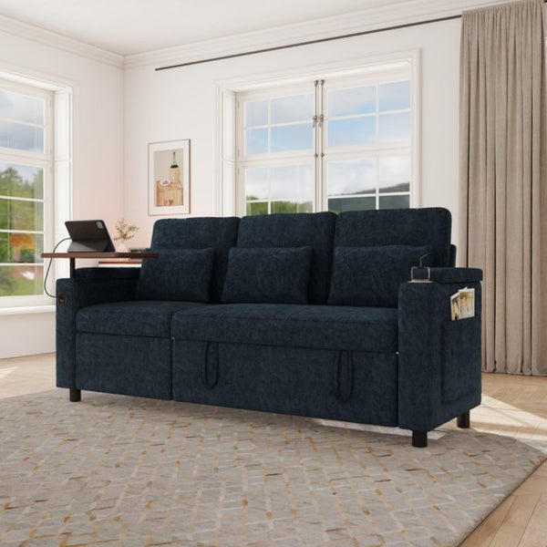 English Elm 81-Inch Chenille Convertible Sleeper Sofa with USB Charging Armrest Storage and Adjustable Seats Blue W2564S00167