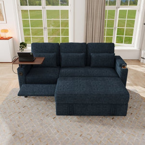 English Elm 81-Inch Chenille Convertible Sleeper Sofa with USB Charging Armrest Storage and Adjustable Seats Blue W2564S00167