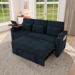 English Elm 81-Inch Chenille Convertible Sleeper Sofa with USB Charging Armrest Storage and Adjustable Seats Blue W2564S00167