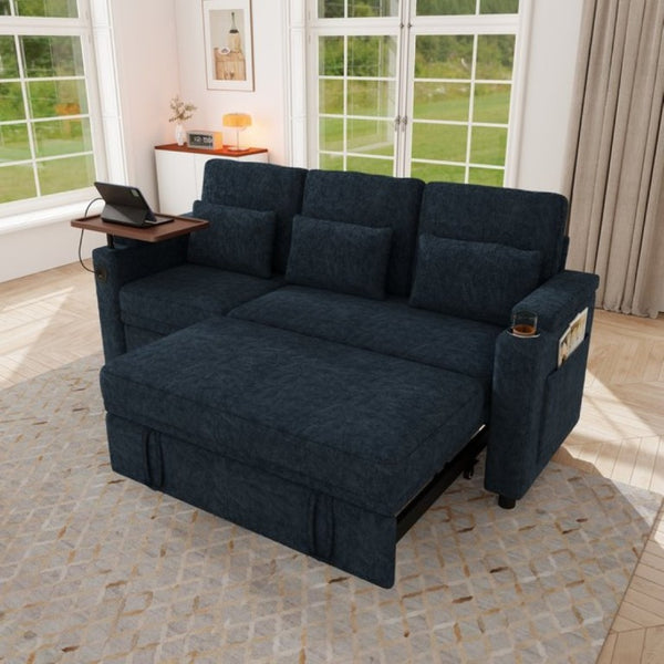 English Elm 81-Inch Chenille Convertible Sleeper Sofa with USB Charging Armrest Storage and Adjustable Seats Blue W2564S00167