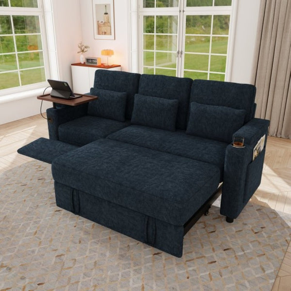 English Elm 81-Inch Chenille Convertible Sleeper Sofa with USB Charging Armrest Storage and Adjustable Seats Blue W2564S00167