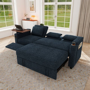 English Elm 81-Inch Chenille Convertible Sleeper Sofa with USB Charging Armrest Storage and Adjustable Seats Blue W2564S00167