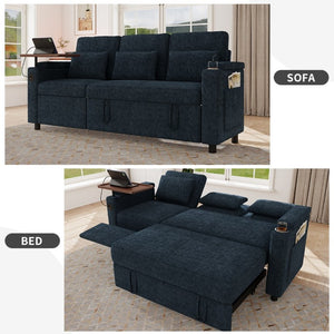 English Elm 81-Inch Chenille Convertible Sleeper Sofa with USB Charging Armrest Storage and Adjustable Seats Blue W2564S00167