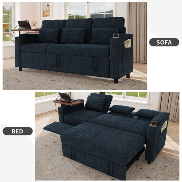 English Elm 81-Inch Chenille Convertible Sleeper Sofa with USB Charging Armrest Storage and Adjustable Seats Blue W2564S00167