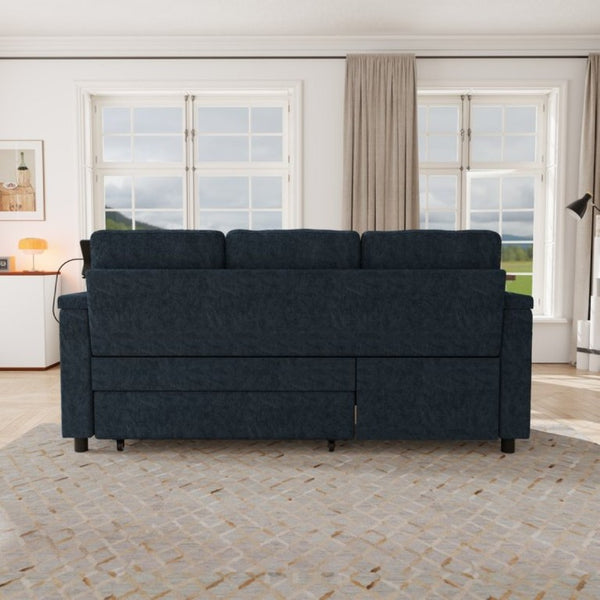 English Elm 81-Inch Chenille Convertible Sleeper Sofa with USB Charging Armrest Storage and Adjustable Seats Blue W2564S00167