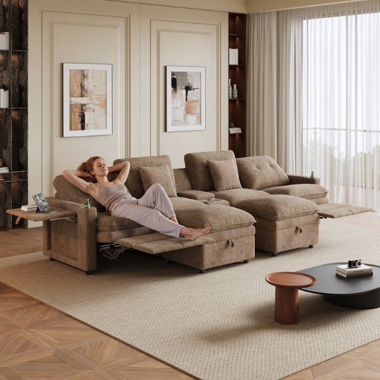 English Elm 141-Inch Modular U-Shaped Sectional Sofa with Ottoman and Shetland Fabric Seating Khaki W2564S00181