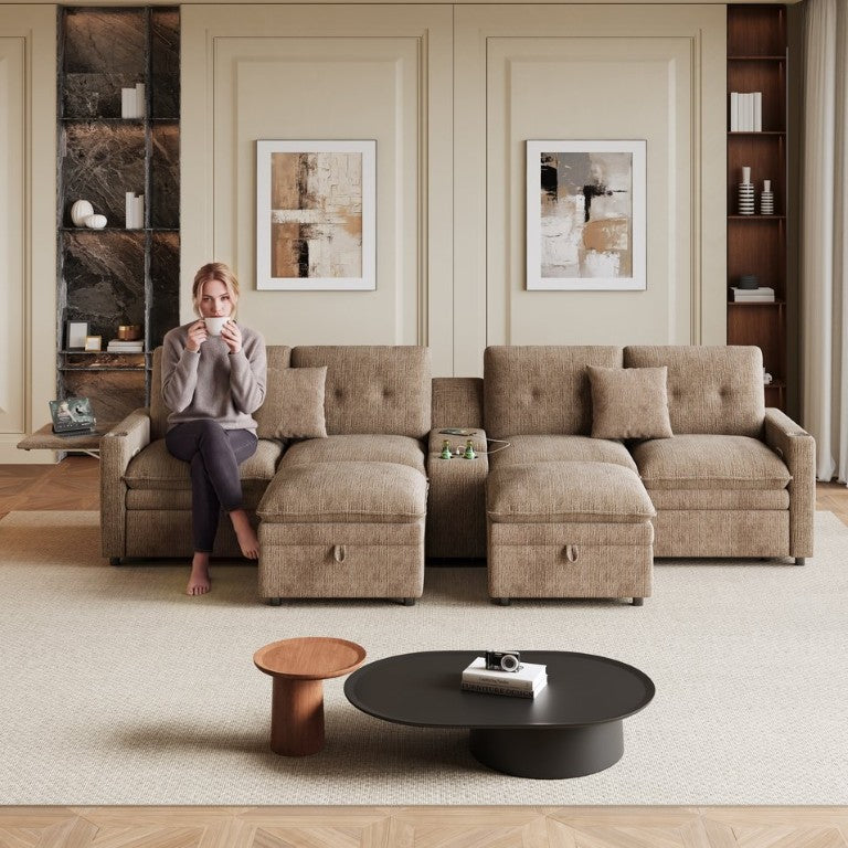 English Elm 141-Inch Modular U-Shaped Sectional Sofa with Ottoman and Shetland Fabric Seating Khaki W2564S00181