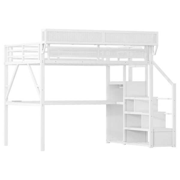 English Elm Queen Metal Loft Bed with Desk Wardrobe RGB Lighting and Charging Station for Teens W2580S00071