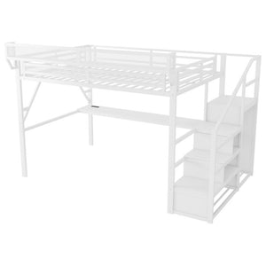 English Elm Queen Loft Bed with Desk Wardrobe Charging Station RGB Lights and Stair Storage W2580S00083
