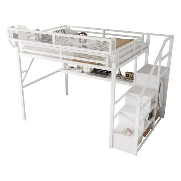 English Elm Queen Loft Bed with Desk Wardrobe Charging Station RGB Lights and Stair Storage W2580S00083