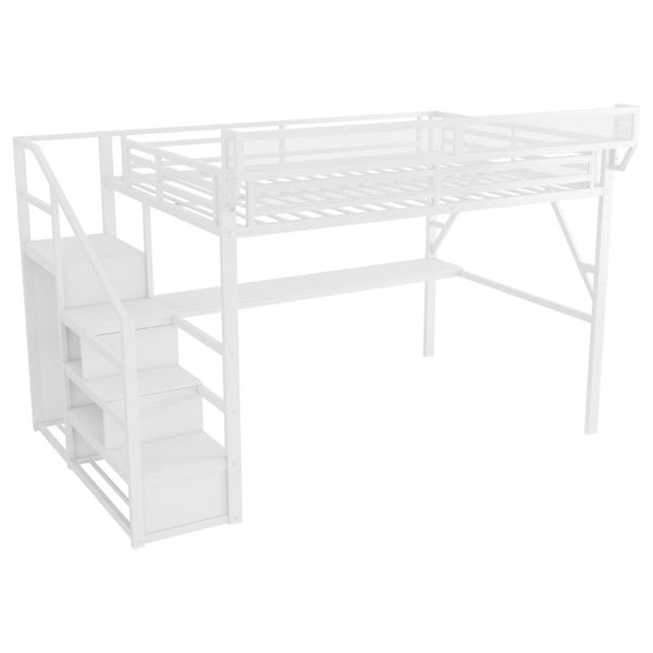 English Elm Queen Loft Bed with Desk Wardrobe Charging Station RGB Lights and Stair Storage W2580S00083