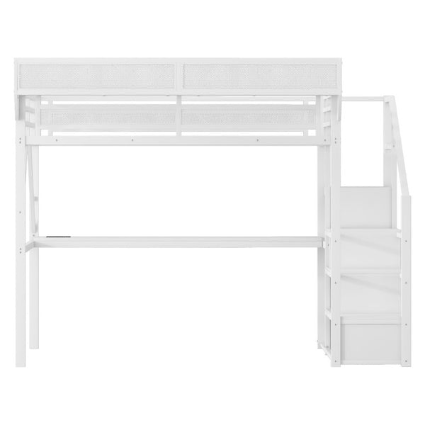 English Elm Queen Loft Bed with Desk Wardrobe Charging Station RGB Lights and Stair Storage W2580S00083
