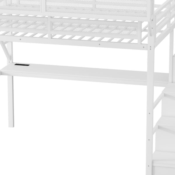 English Elm Queen Loft Bed with Desk Wardrobe Charging Station RGB Lights and Stair Storage W2580S00083