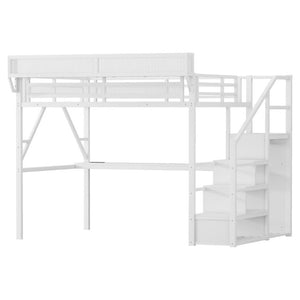 English Elm Queen Loft Bed with Desk Wardrobe Charging Station RGB Lights and Stair Storage W2580S00083