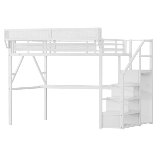 English Elm Queen Loft Bed with Desk Wardrobe Charging Station RGB Lights and Stair Storage W2580S00083
