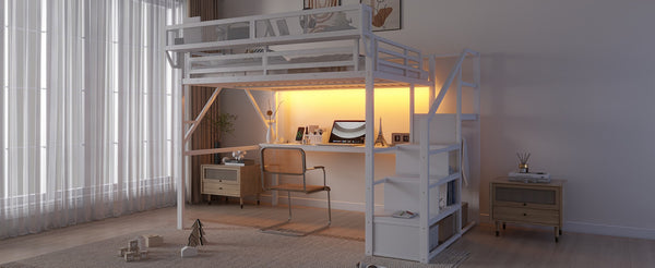 English Elm Queen Metal Loft Bed with Desk Charging Station Storage Stairs and Rgb Lighting W2580S00083
