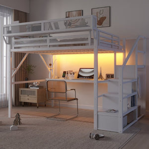 English Elm Queen Loft Bed with Desk Wardrobe Charging Station RGB Lights and Stair Storage W2580S00083