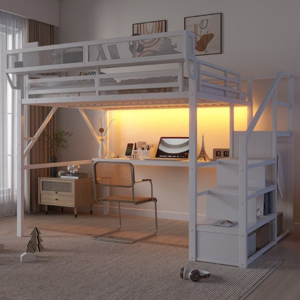 English Elm Queen Loft Bed with Desk Wardrobe Charging Station RGB Lights and Stair Storage W2580S00083