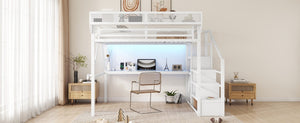 English Elm Queen Loft Bed with Desk Wardrobe Charging Station RGB Lights and Stair Storage W2580S00083