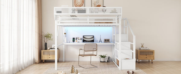 English Elm Queen Loft Bed with Desk Wardrobe Charging Station RGB Lights and Stair Storage W2580S00083